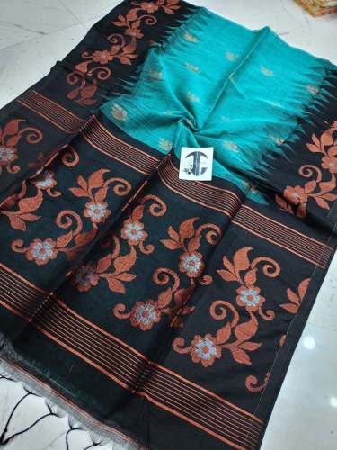 Pure Linen Handweaving Ikkat with Copper Zari Weaving border & pallu Saree