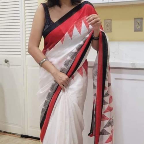 Handloom Tant Saree - White with Red Design & Par - ArtisanSoul