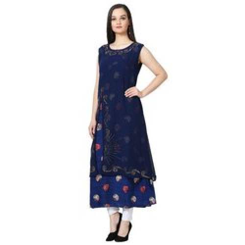Trendy Blue Sleeveless Printed Georgette Kurtis