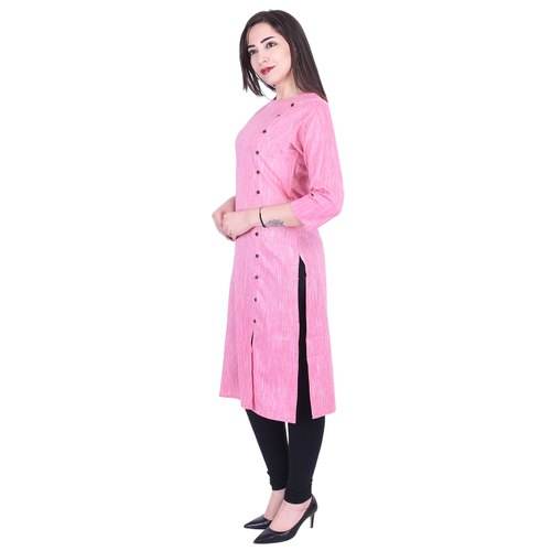 Side Button Stylish Pink Handloom Cotton Kurtis by Vaachi Creations