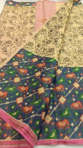 Ceam and gree flower print saree