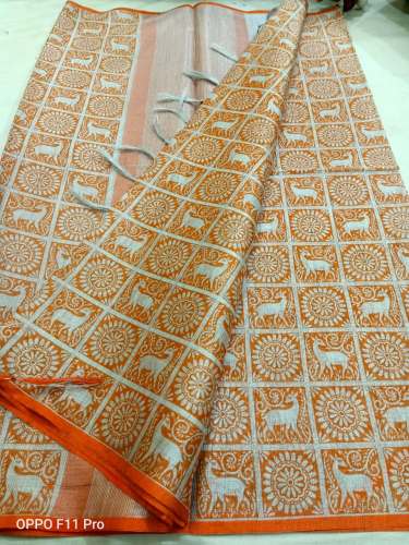 checks printed orange saree