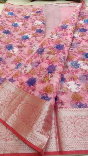 Flower printed linen saree