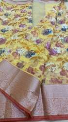 Linen printed yellow saree
