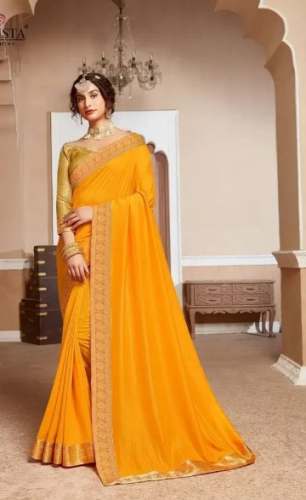 Chiffon Yellow Lace Border Saree by Ashirwad Creation