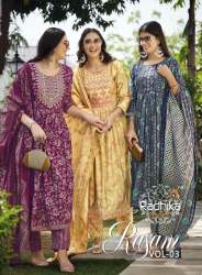 Rasam Vol 3 Fancy Naira Cut Kurti With Pant and Dupatta Set by Radhika Lifestyle