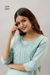 Trendy Sea Blue Jaipuri Rayon Kurti 