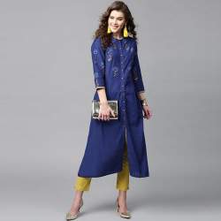 Navy Blue Printed A-Line Kurti