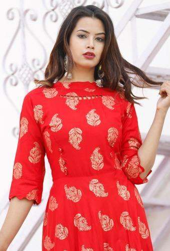 Heavy Gold Print Red Rayon Kurti