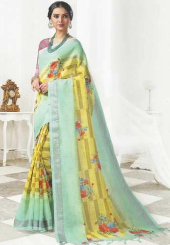 Designer Pista Green Printed Linen Saree