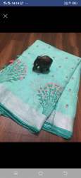 Designer Linen Embroidered Sky blue Saree