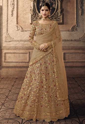 GOLDEN ALL FLORAL WEDDING LEHENGA SET by India Boulevard