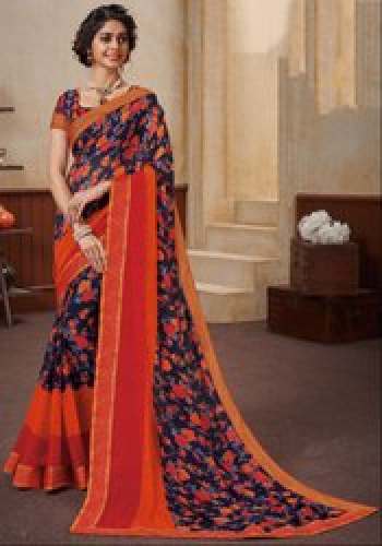 Red and Blue Printed Saree