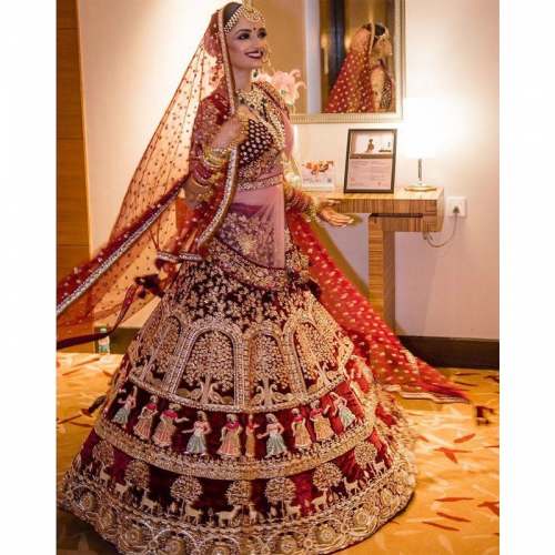 9000 Velvet Maroon Wedding Bridal Lehenga Choli  by rms creation