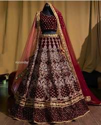 Heavy Embroidered Maroon Velvet Lehenga