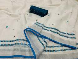 Fancy Mirror with Embroidery work linen saree 