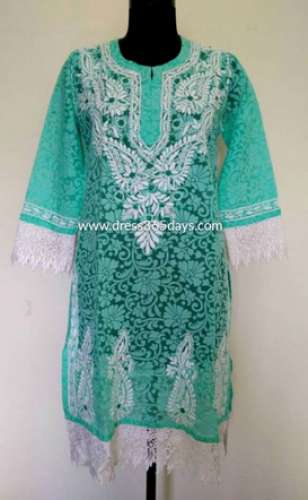Green Brasso Chikankari Kurti with Lace by Dress365 Days