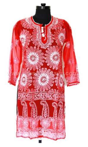 Red Kurti with Resham Thread Chikankari Embroidery by Dress365 Days