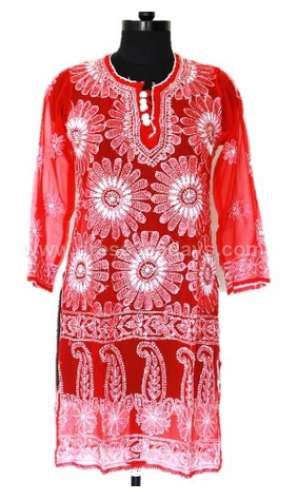 Red Kurti with Resham Thread Chikankari Embroidery