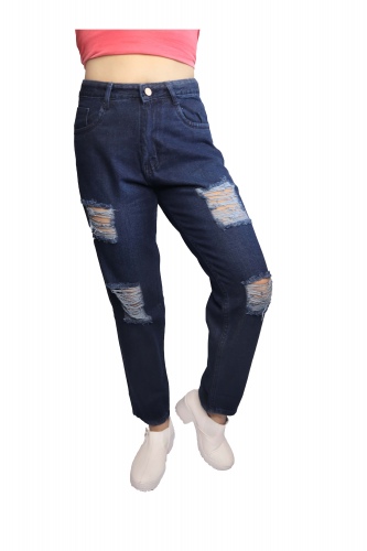 Dark Blue Distressed Boyfriend Jeans Women by ONPOINT VENTURES PVT LTD