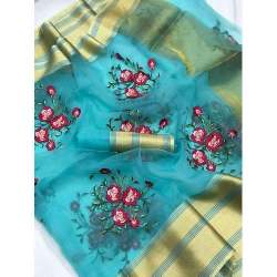 Designer Embroidered Sky Blue Saree