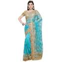 Designer Sky Blue Embroidered Saree