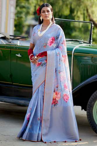 Blue Floral Silk Saree by Parish Fashions