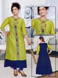 Designer Double Color Linen Embroidered Kurti 