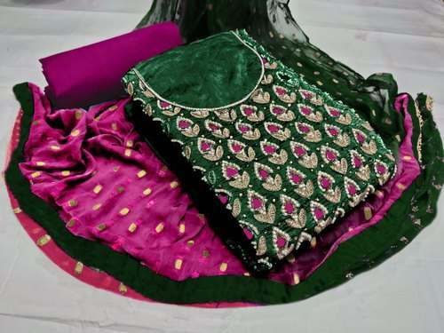Fancy Chanderi Dress Material with Embroidery Work by Garv Enterprises