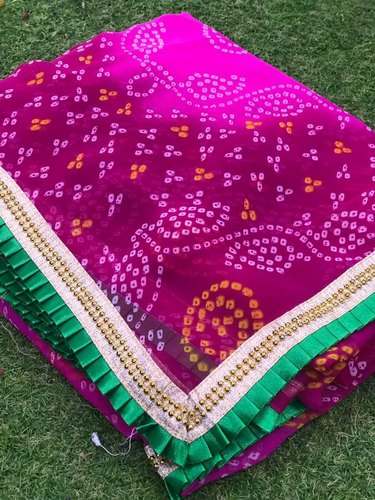 Georgette Printed Bandhani Ruffle Lace Saree