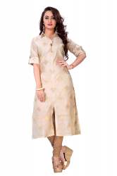 Womens Self Design Creme Silk Kurti