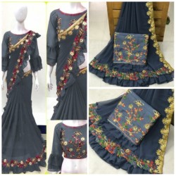 Latest embroidery work border ruffle saree