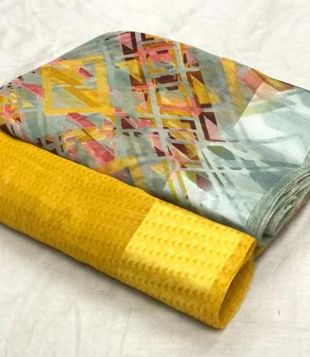Printed linen saree with satin border 