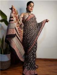 Hand Block Indigo Dabu Print Cotton Mulmul Saree.