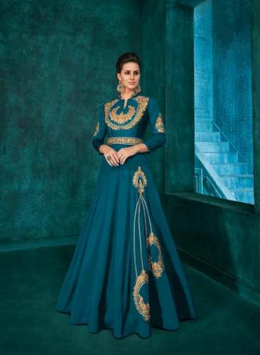Soft art silk fabric gown with embroidery by Indian Wedding Market