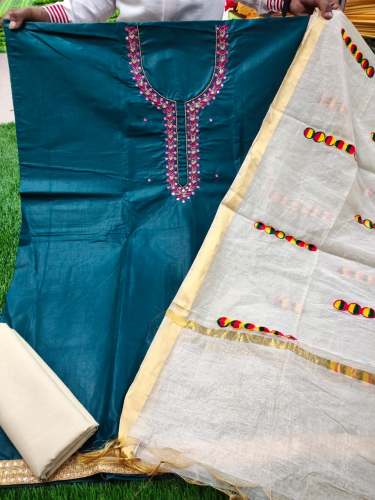 Dress material with fancy embroidered neck