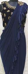 Blue Ruffled Saree For Womens