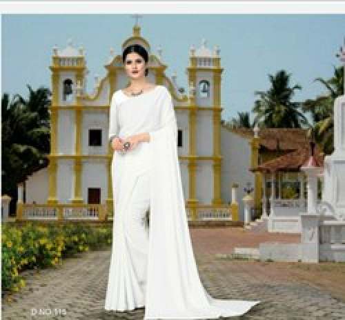 Plain White Uniform Saree by Rajdhani Saree Sadan