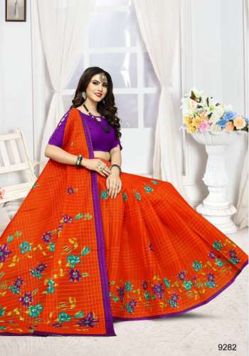 Cotton Orange Saree 9282 by SATYANAND TEX PVT LTD