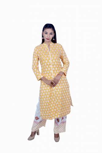 Designer Yellow Cotton Kurti with Palazzo by Nawaz Fashion Handicrafts