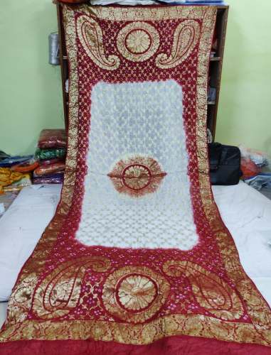 Red and white Silk duppata by Shrinath bandhejwale
