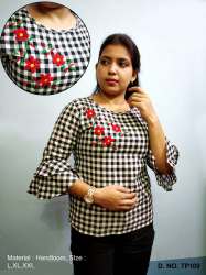 Cotton Check Embroidery Short Kurti