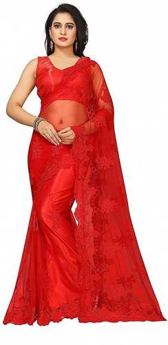 Teeswala Embroidery Net Work Saree Net Red Colour
