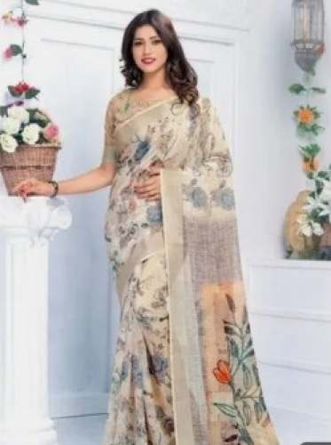 Buy Linen Digital Printed Saree For Women by Deepanandan Tex