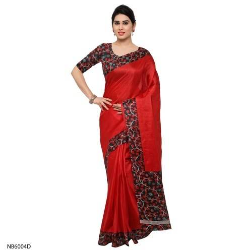 Party wear Plain Red Tussar Silk saree