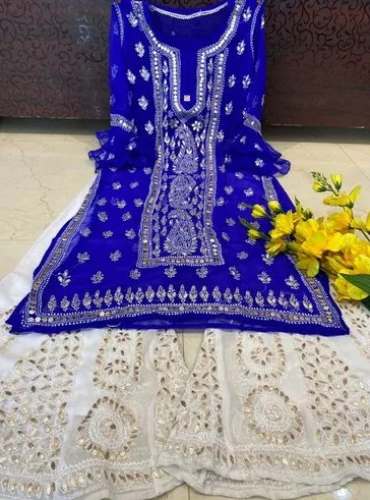 Stylish Mirror work Chikan Kari Sharara Suit
