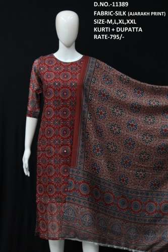 partywear kurti with dupatta in ajrakh print by 7seasons