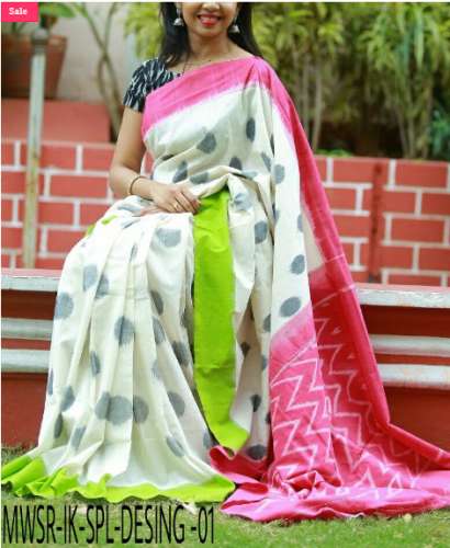 Designer Cotton White Ikat Saree by Paarijaatham