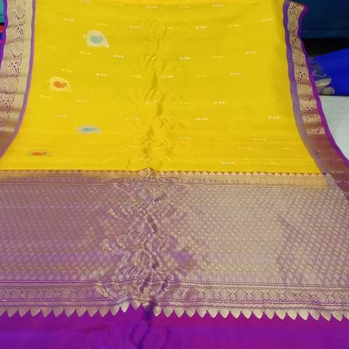 Yellow and PinK pattu Gadwal saree by Sowjanya Gadwal Sarees