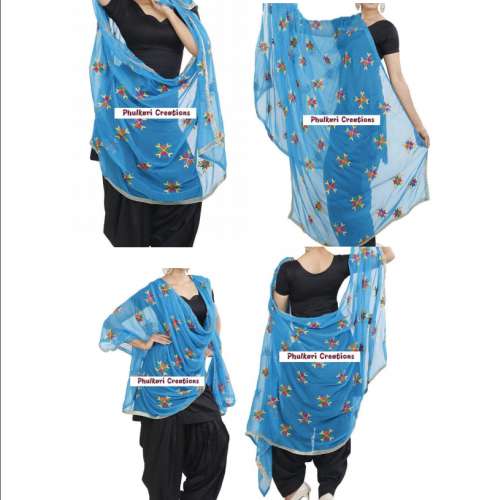 BOOTI DESIGN BLUE COLOUR PHULKARI DUPATTA